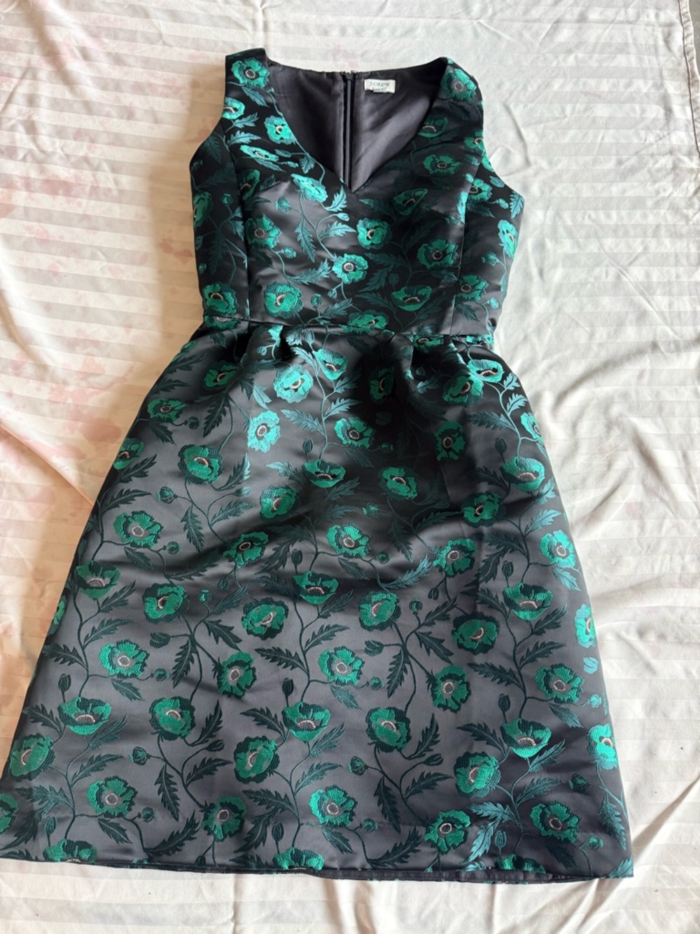 J. Crew Black Satin Dress with Emerald Green Floral Jacquard